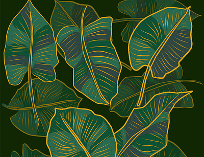 Floral pattern, Golden split-leaf Philodendron plant abstract art background beautiful botanical color decoration decorative design drawing element exotic fashion floral foliage garden graphic green illustration jungle