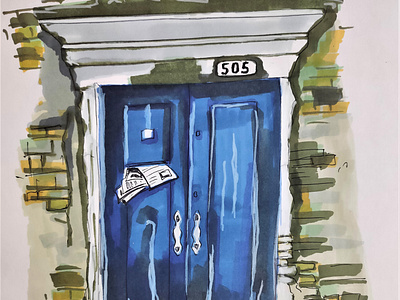 The door to the old house. Bricks. Blue door. Drawing with marke