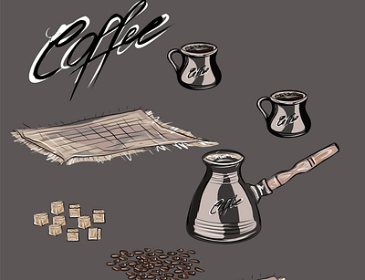 Set for coffee drinking. arabic aroma aromatic background bamboo cloth bean beverage black breakfast brown cafe caffeine closeup coffee coffee bean coffee beans coffee pot crop cup vector