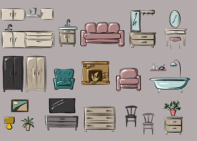 set of furniture and interior accessories. armchair bathroom bed bedroom book shelf cabinet chair chandelier chest of drawers collection color couch cupboard decorative design desk dining flat illustration vector