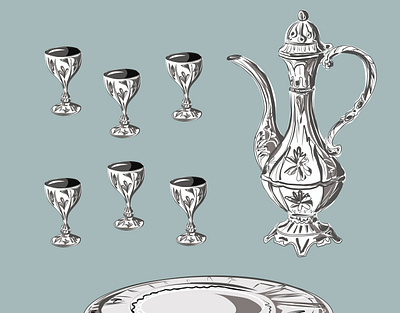 A set of cognac, wine, liqueur. Jug, glasses, tray. Kitchenware. collection concept decorative design illustration vector