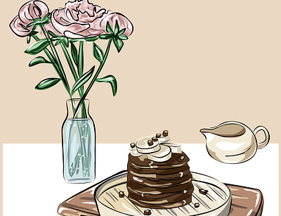 Still life of pancakes, a tray, a bouquet of flowers and a jug. delicious