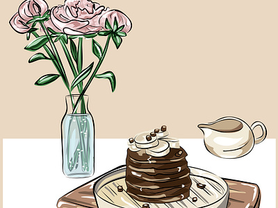 Still life of pancakes, a tray, a bouquet of flowers and a jug.