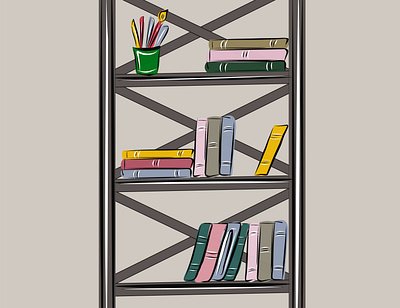 Bookcase, loft shelving with books. Library, school, reading. class