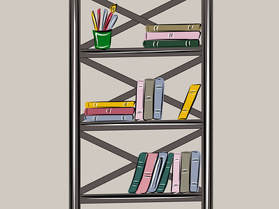 Bookcase, loft shelving with books. Library, school, reading.