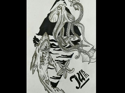octopus and shark art art black white design illustraion illustrator ink inkdrawing pen pen and ink penart pencil drawing sketch sketchart sketchbook tattodesign tattoo art tattoo design