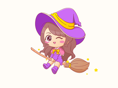 Witch adorable broomstick cartoon character characterdesign design girl illustration logo sweet vector witch