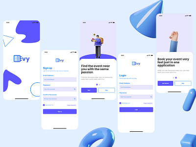 Onboarding and Login Find Event Application 3d app appdesign dailyui design graphic design icon illustration ui uiux ux