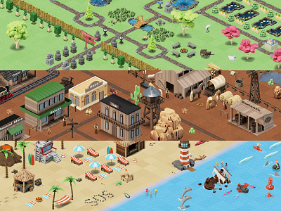 Isometric Worlds beach design garden illustration isometric design ui wild west