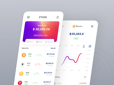 Ethon ☵ Cryptocurrency Trading Mobile App app banking binance bitcoin chart coinbase crypto crypto wallet cryptocurrency finance financial fintech gradient light mobile app money transfer payment app send money transaction wallet