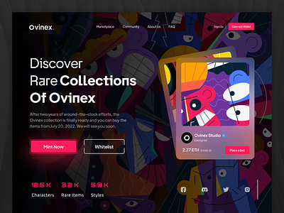 Ovinex ☵ NFT Marketplace Website cards crypto cryptocurrency dark dark mode eth ethereum hero section home page landing landing page marketplace nft nft art nft market nft marketplace opensea web web design website