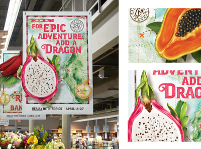Central Market Tropics Event Design event branding fruit groceries grocery illustraion maps point of purchase point of sale tropical tropical fruit typography