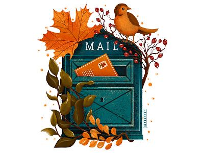 Autumn Mail autumn autumn colors autumn leaves autumn mood bird digital art digital illustration illustraion illustration illustrations mail mailbox post