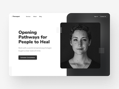 Therapy Practice Website Header 100daychallenge black and white health care hero section home minimal modern monochrome nunito portrait typography uiux web design woman