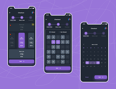 Meeto event app - select date animation darkmode date design event eventapp eventreservation interactiondesign music purple selectdate ui uidesign uiux