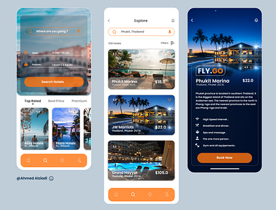 FLY.GO is a traveling booking app with a Glassmorphism design. app branding design icon illustration logo typography ui ux vector