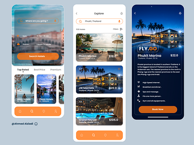 FLY.GO is a traveling booking app with a Glassmorphism design.