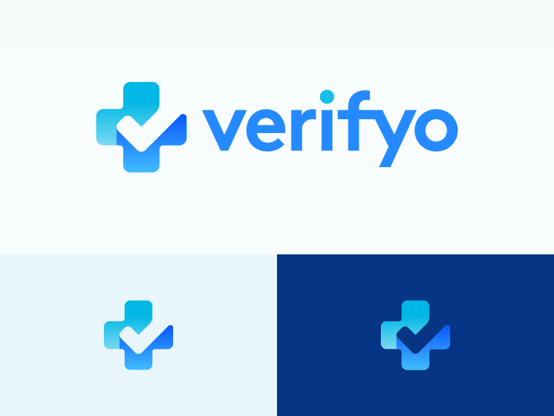 Verifyo Logo Design blue business cards stationery payment verify checkmark check cross plus ui negative space clever icons mark branding brand identity design icon logo