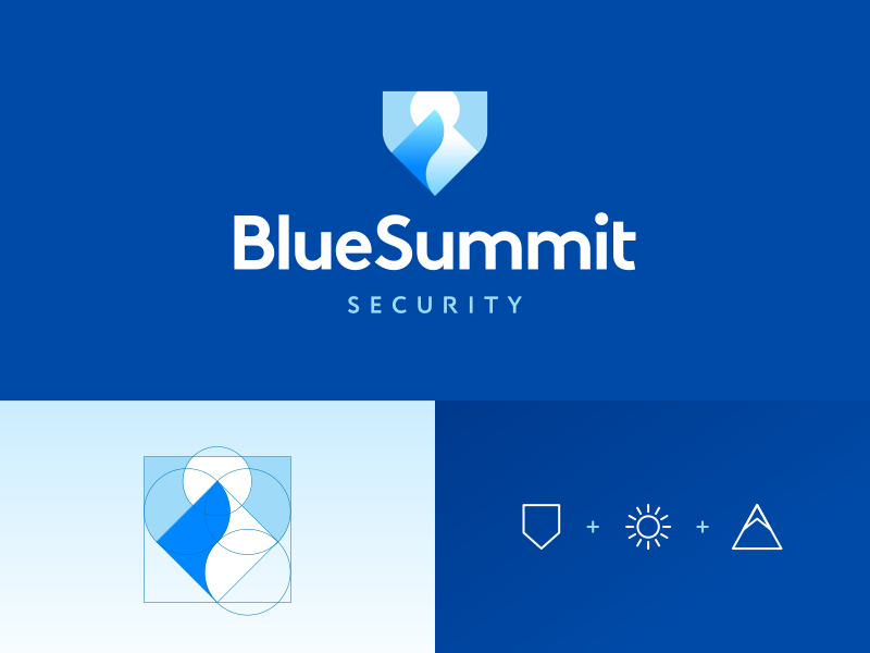 Blue Summit Security sky river snow ice logo graphic design designer mountain sun landscape negative space brand branding identity business cards stationery security insurance finance blue cyan cold shield crest emblem icon icons symbol path way road