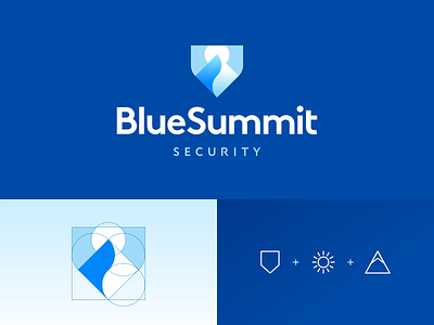 Blue Summit Security blue cyan cold brand branding identity business cards stationery graphic design designer icon icons symbol logo mountain sun landscape negative space path way road security insurance finance shield crest emblem sky river snow ice