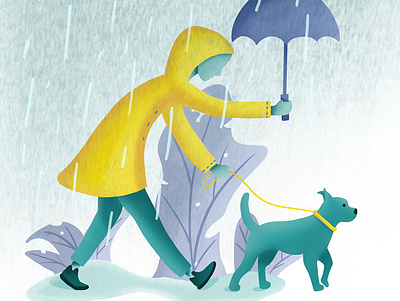Girl And Her Pup design dog girl green illustration leaves puppy purple rain rain jacket rainy day umbrella woman yellow
