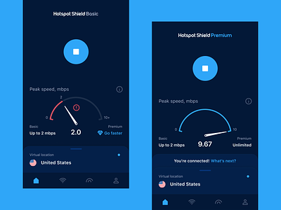 Hotspot Shield VPN — Connection Speed on iOS app bottom connection dashboard location menu mobile navbar speedometer stop virtual