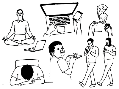 Millennial Manifesto chubby computer food illustration laptop marshmallow meditate phone shower sleep texting yoga