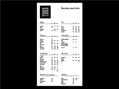 Surfers Coffee Menu