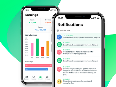 Residence mobile app (Earnings, Notifications) screens