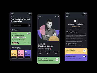 Job Finder App Design app appui appux dark darkmode design jobalert jobfinder mastercard network productdesigner profile skill ui uiux ux