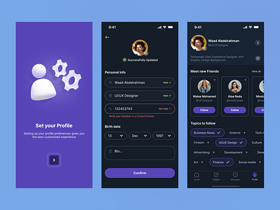 Setting Profile Flow UI Design Dark mode With 3D Illustrations app design illustration ui user experience design user interface design ux