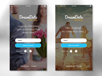 DreamDate landing page coming soon landing page mobile registration welcome