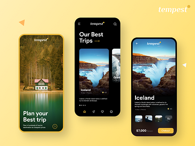 Tempest travel mobile app ui ux app beautidul dark design minimal mobile ui tempest travel ui ux