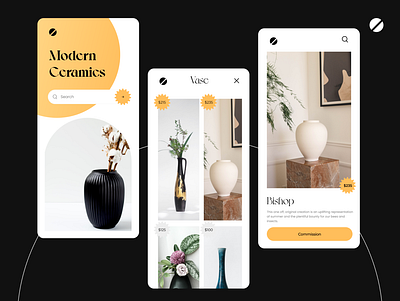 Ceramic ecommerce shop app app ui beautidul branding ceramic clean commerce dark design e commerce gold illustration minimal mobile mobile ui pittery saturn shop ui ux