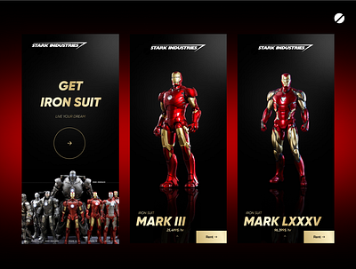 Stark Industries Iron man suit shop app app app ui beautidul branding dark design e commerce elegent gold illustration iron man marvel minimal mobile mobile ui red rent shop suit ui