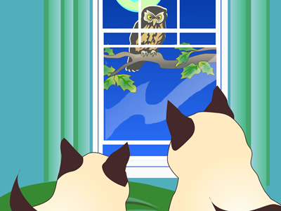 The Owl and the Pussycats birman cats moon morepork night owl print vector wildlife window