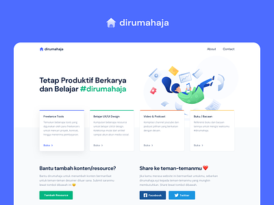 dirumahaja - a #StayAtHome Project articles blog book corona freelance tools illustration jobs landing page onboarding podcast remotework resource stayathome stayhome ux learn video channel web design