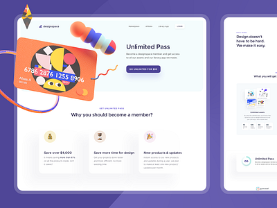 Designspace Unlimited Pass 3d dashboard digital product ecommerce features page how it works illustration landing page marketing website marketplace membership onboarding product design saas subscription web design