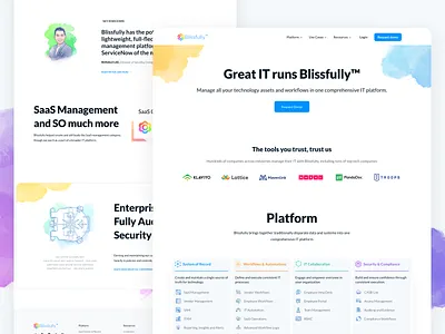 Blissfully New Homepage apps branding dashboard design exploration features homepage icon icon design illustration landing page saas management saas platform testimonial ui design web design