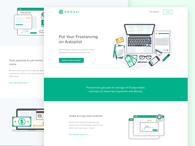 Bonsai For Freelancer Landing Page company contract credit debit freelance invoice money payment platform reminder work
