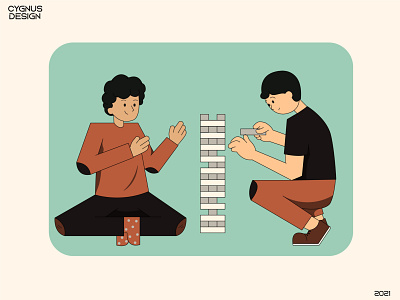 Playing Jenga Flat Illustration activity cartoon fall flat friends game happy hobby home illustration jenga joy playing relationship sitting stack strategy time together