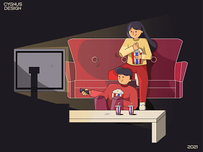 Watching Movie Together Flat Illustration