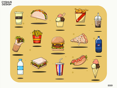 Flying Fast Foods and Beverages Flat illustration beverage design drink fast food fastfood flat flying food illustration menu restaurant snack