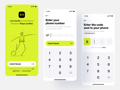 1:1 App — Results of sports events online app authorization code confirmation design football interface interface design ios mobile mobile app phone number registration sign in sign up splash screen sport ui ui ux ux