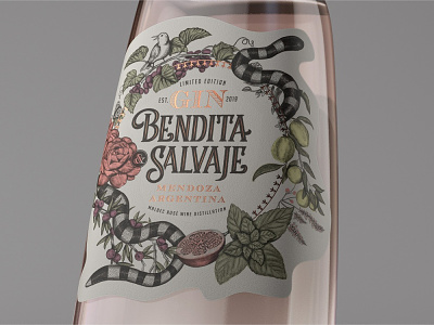 Bendita y Salvaje argentina award winning bottle label bottle mockup branding concept gin illustration labeldesign logo mendoza packagedesign packaging premium design renders typography