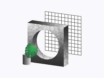 [O] 3d abstract geometric grid illustration minimal monochrome pastel plant still life surreal