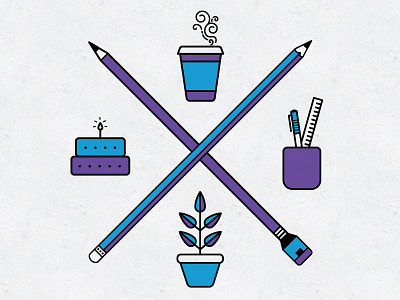 Fun & simple icon designs birthday cake coffee cup pencils pens plant stationery