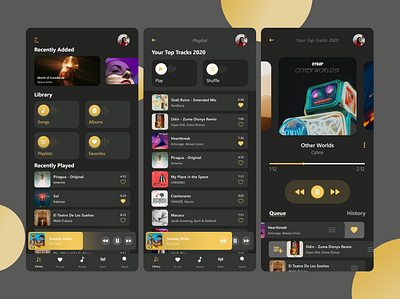 Mobile music app with dark theme artist artwork audio audio app audio player dark theme mobile mobile dark mobile ui music music app playlist song ui