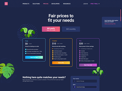 Pricing page UI assets contact dark theme faq illustration overview plans plant illustration pricing pricing plan ui