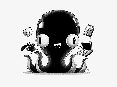The Octo-Juggler black blackandwhite grain illustration juggler juggling octopus office procreate squid stress stressed work